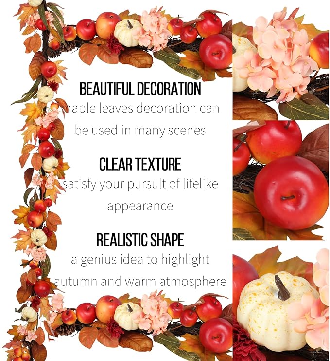 Fall Garland with Pumpkins, Artificial Maple Leaves, Pinecones, Apples & Flowers – 5.6ft Autumn Harvest Garland for Fireplace Mantel, Doorway, Table, Thanksgiving Decor (1 Pack)
