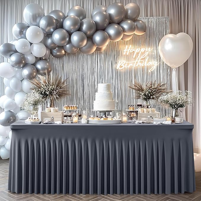 1 Pack Grey Table Clothes for 8 Foot Rectangle Tables, One-Piece Wrinkle Resistant Stretch Spandex Table Covers with Skirt for Event Banquet Wedding Birthday Party