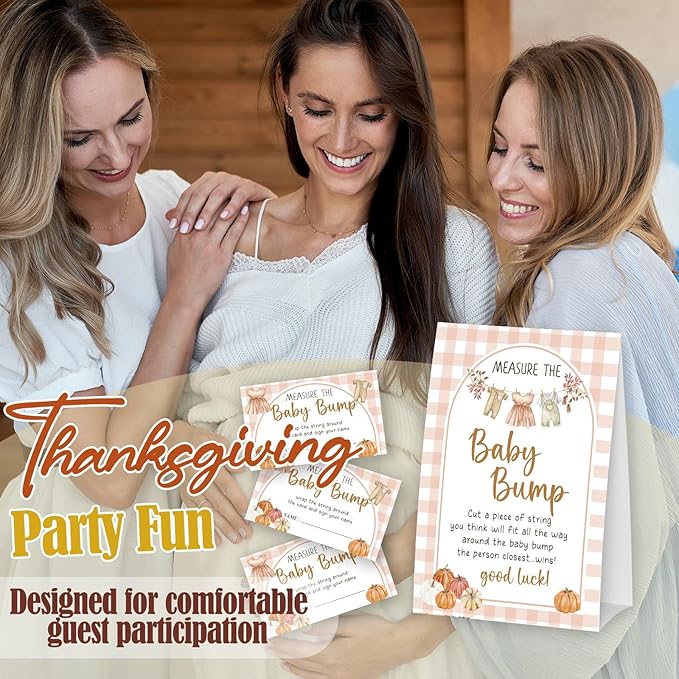 Pumpkin Measure The Baby Bump - Thanksgiving Baby Shower Card Set (1 Sign With 50 Guess Cards), Fall Gender Reveal Party Favor Supplies -A21