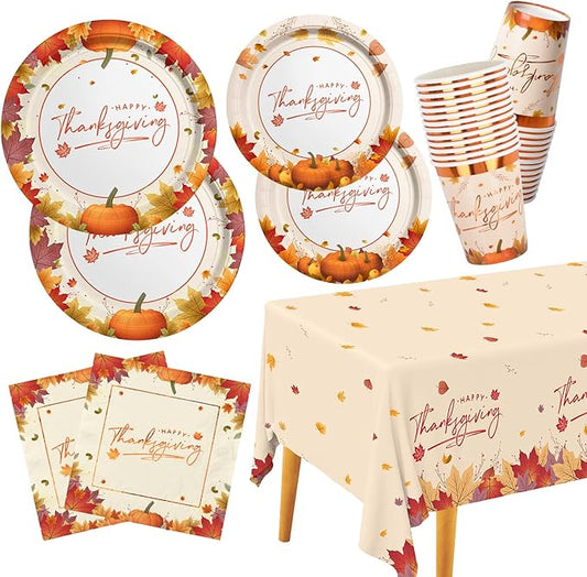 Thanksgiving Plates and Napkins Gatherfun Maple Leaves Disposable Paper Plates Napkins Cups plastic Tablecloth for Thanksgiving Dinner Party Decorations Serve 25