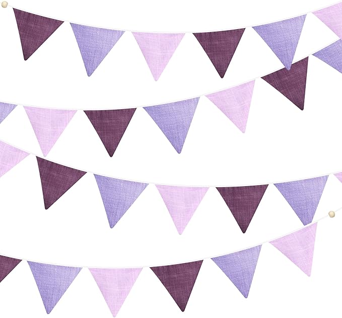 2 Sets of Gradient Purple Nursery Garland 24Pcs Purple Fabric Linen Pennant Banner Flags Triangle Streamers for Kids Dorm Room Decor Girls Lavender Birthday Baby Shower Boho Wedding Party Decorations