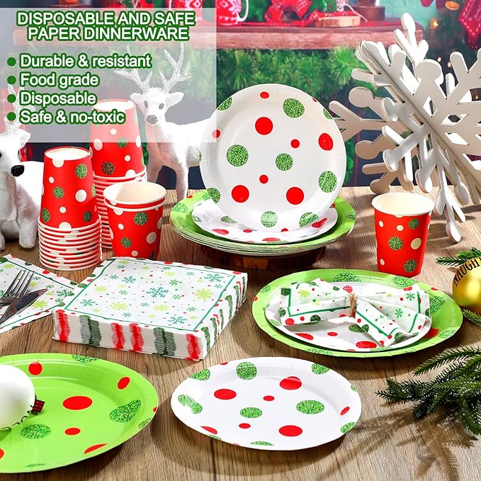 Hsei 250 Pcs Christmas Green Plates and Napkins Party Decorations Disposable Tableware Sets Baby Shower Birthday Party Supplies Serves 50 Guests Dinnerware Baby Bridal Shower Favors