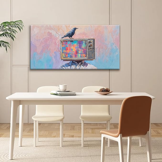 Abstract Art Wall Decor Prints Crow And Tv Head Wall Decorations Ready To Hang Modern Wall Art For Living Room Office Bedroom Bathroom Kitchen Canvas Prints Decor 20x40 Inch