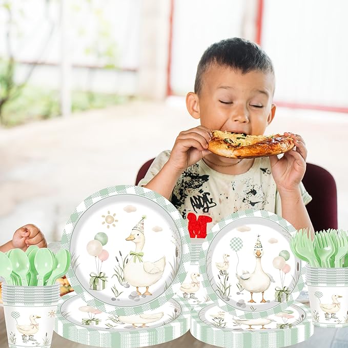 Pet Duck Birthday Decorations Supplies, 140PCS Disposable Paper Dinnerware Set Paper Plates Napkins Cups Set for 20 Guests Duck