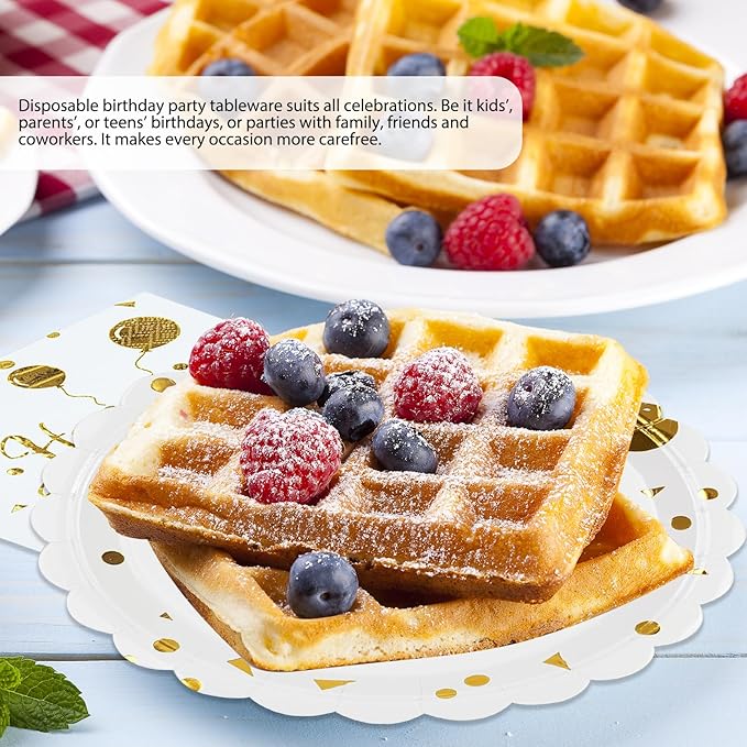 50PCS Happy Birthday Paper Plates and Napkins - 7 Inch Birthday Cake Plates Scalloped White and Gold Dessert Plates and 6.5 Inch Napkins Disposable Tableware Set, Serves 25