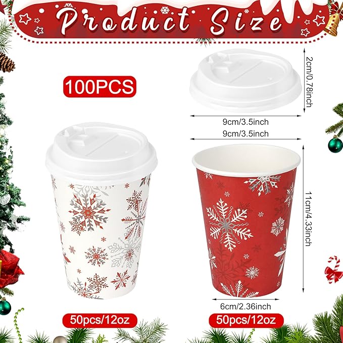 100Set Christmas Paper Cups with Lids 12oz, Bulk Disposable Winter Red Snowflake Cups Coffee Cups, Holiday Paper Cups for Hot Chocolate Cold Drinks Christmas New Year Winter Party Supplies Decorations