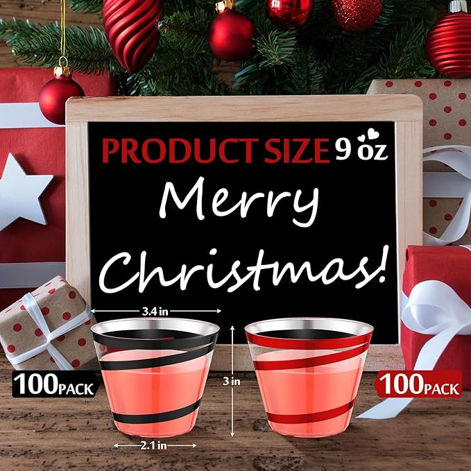 Gejoy 9 oz Rimmed Swirl Plastic Cups Disposable Wine Drinking Cups Clear Elegant Halloween Tumblers for Christmas Party Supplies(Red,Black,200 Pcs)