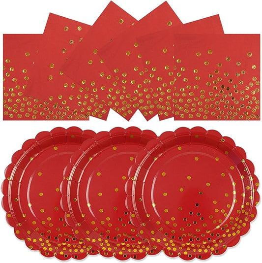 50PCS Red Paper Plates and Napkins Set - Red and Gold Dot Disposable Party Plates Dinnerware Party Supplies Decorations for Birthdays, Christmas, Engagement and Weddings