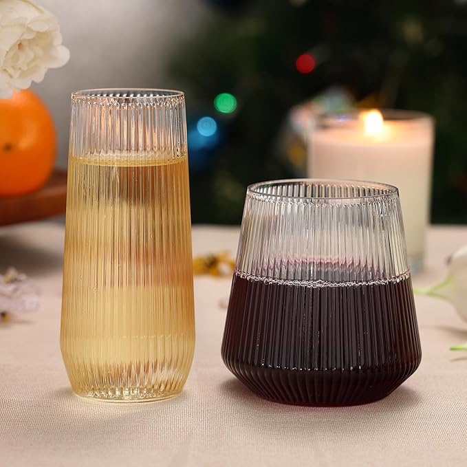 48 Pack Plastic Glasses – 24 x 9oz Stemless Champagne Flutes & 24 x 12oz Stemless Wine Glasses – Elegant Disposable Shatterproof Cup – BPA-Free Drinkware for Weddings, Parties (Clear Ribbed)