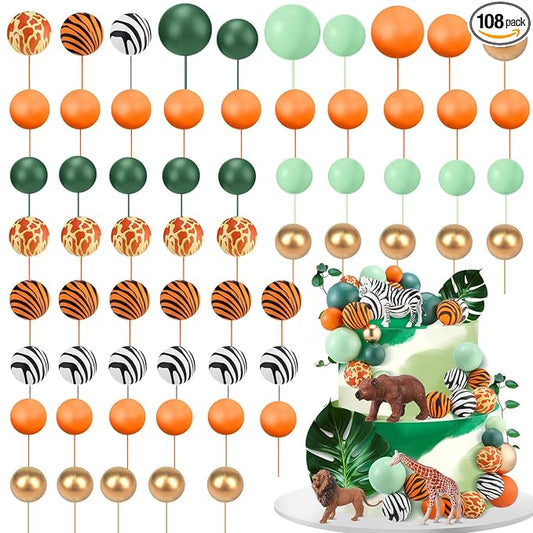 108 Pcs Balls Cake Topper DIY Cupcake Insert Foam Balloons for Cake Baking Wedding Anniversary Birthday Decoration(Leopard,Green,Orange,Gold,Multi Sizes)