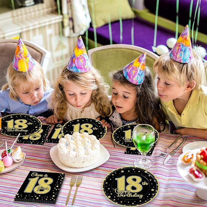 96 Pcs 18th Birthday Party Supplies for 24 Guests Cheers to 18 Years Tableware Table Decorations Black Gold 18th Birthday Plates Napkins Dinnerware for Boys Girls 18 Years Old Birthday Party Favor