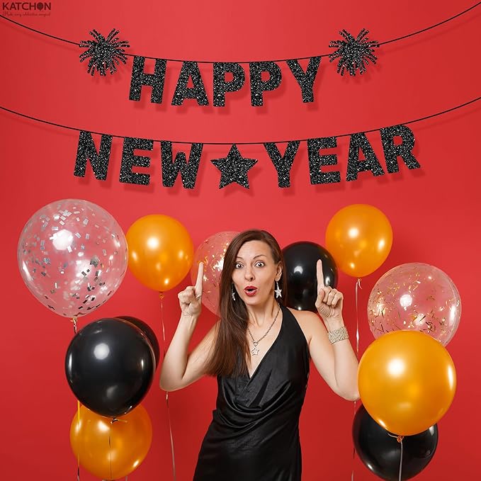 KatchOn Happy New Year Banner Black - Pre-Strung, 10 Feet | Happy New Year Sign for Happy New Years Decorations 2026 | New Years Eve Party Supplies 2026 Black | NYE Decorations 2026