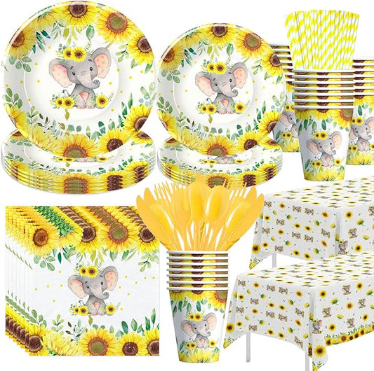 Xigejob Elephant Baby Shower Party Supplies - Elephant Baby Shower Birthday Decorations Tableware Include Plates, Cups, Napkins, Tablecloth, Cutlery, Straws | Serves 24