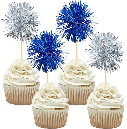 Gyufise 30Pcs Foil Firework Cupcake Toppers Sparkle Tinsel Cake Toppers Tinsel Drink Cake Decoration Cocktail Picks for Birthday Wedding Graduation Party Supplies Silver Dark Blue