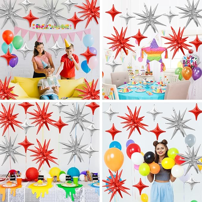 Red Silver Star Balloons Kit with 6pcs 22in Cone Foil Balloons and 10pcs 10in Four Pointed Star Balloons for Birthday New Year Christmas Anniversary Disco Party Decorations
