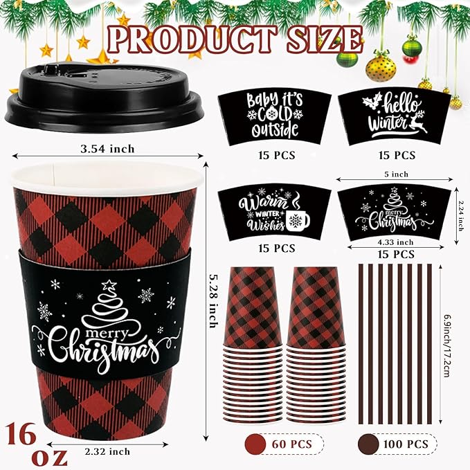 60 Pcs Christmas Buffalo Plaid Coffee Cups Christmas Paper Cups Disposable with Lids Sleeves and Stirrers 16 oz for Winter Christmas Hot Cocoa Party Supplies
