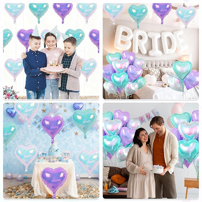 Iridescent Heart Balloons, 10 Pcs Crystal Heart Shaped Balloon, 18 Inch Transparent Gradient Blue Purple Foil Balloons for Engagement Brithday Baby Shower Wedding Valentines Mermaid Party Decoration