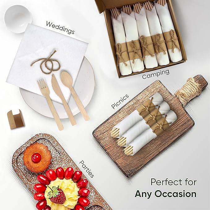 Premium Pre Rolled Napkin and Bamboo Cutlery Set (10 Pack, 40 PCS) 100% Biodegradable, Eco-Friendly, Disposable Wrapped Cutlery - Pre-Wrapped Bamboo Forks, Knives, Spoons, Napkins, Brown Roll