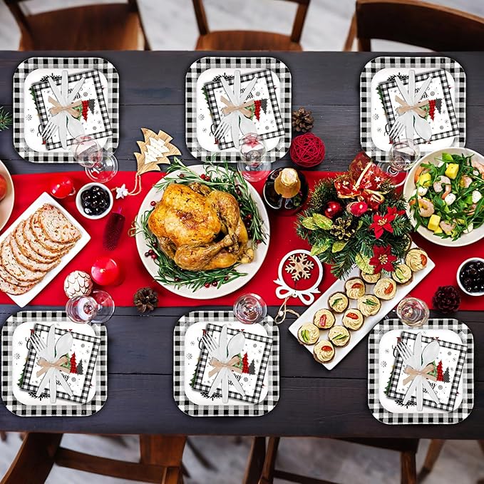 350 Pcs Christmas Party Supplies Christmas Tree Hanging Ball Party Tableware Set Square Paper Plates Disposable Napkins Cups Plastic Cutlery for Xmas Holiday Serves 50 Guests (Xmas Plaid Tree)