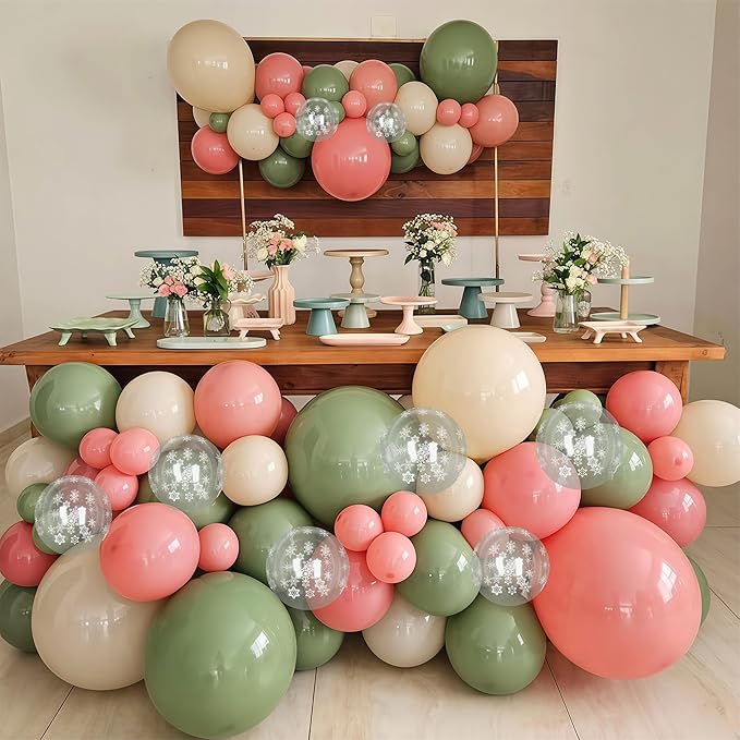 Pink and Green Balloons 60pcs, Sage Olive Green Dusty Blush Light Pink Sand White Balloon with Snowflake Balloons for Baby In Bloom Baby Shower Christmas Winter Wonderland Birthday Party Decorations