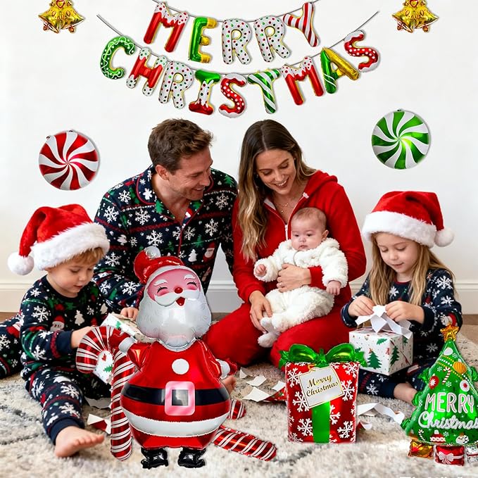 Christmas Balloons Set -MerryChristmas Balloon Banner Large Santa, Red & Green Candy Cane Foil Balloons for Christmas Party Decorations