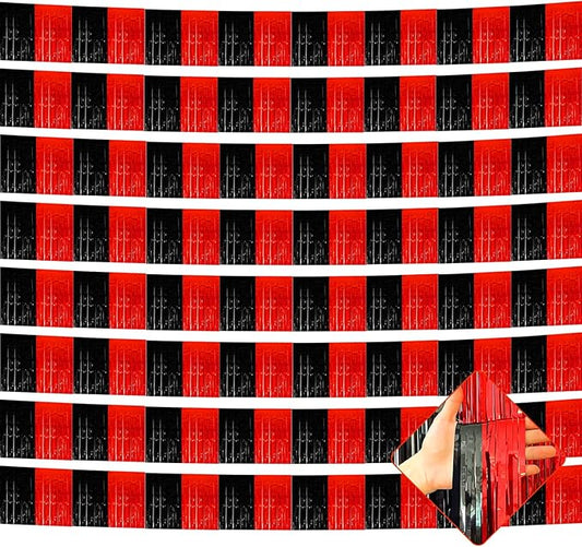 10 Pack 10 Feet Foil Fringe Garland Metallic Tinsel Streamers Banner Wall Hanging Backdrop for Parade Floats, Bachelorette, Casino Viva Las Vegas Game Night Birthday Party Decorations(Black Red)