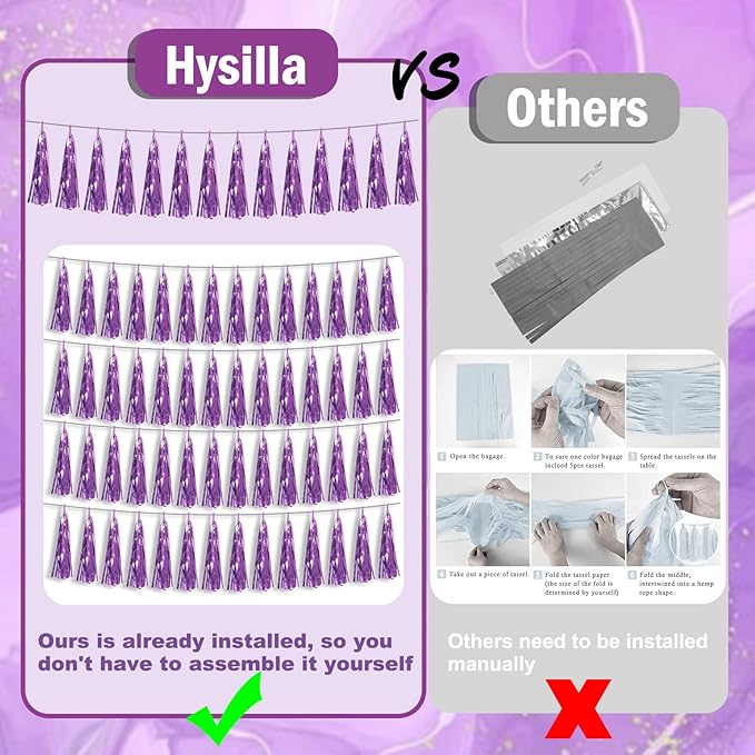 4P Light Purple Foil Fringe Metallic Streamers Banner Tassel Garland for Parade Floats, Bachelorette, Wedding, Birthday, Halloween, Christmas, Bridal/Baby Shower Party Decorations