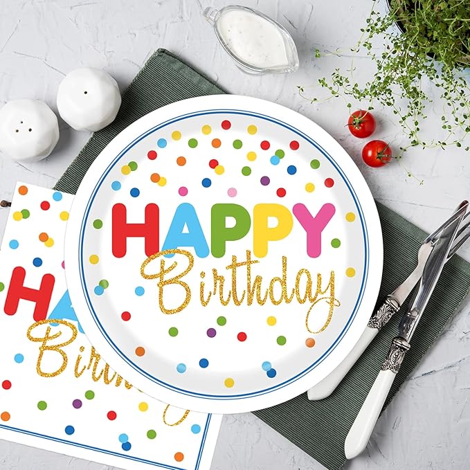 40Pcs Birthday Party Supplies Paper Plates and Napkins, Colorful Polka Dot Themed Dinner Plates Napkins Disposable Tableware Set for Birthday Party Decorations Serve 20
