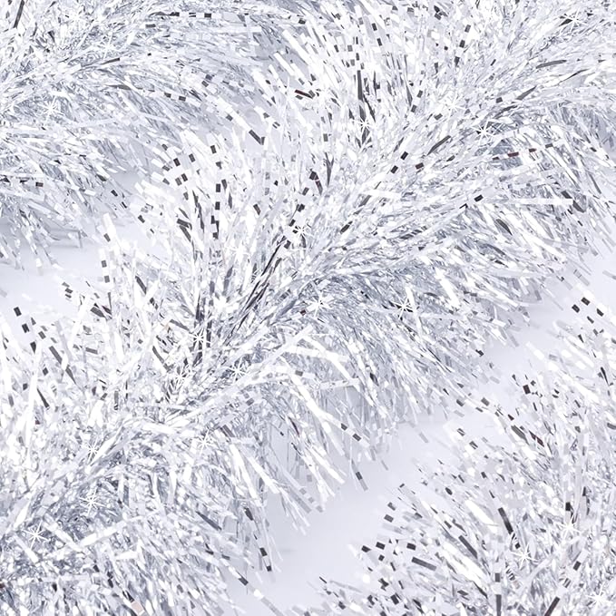 50Ft Christmas Tinsel Garland, Silver Snowflake Metallic Twist Garland for Xmas Tree Decorations, Tinsel for New Year Party Ceiling Hanging Decorations Indoor and Outdoor Decor