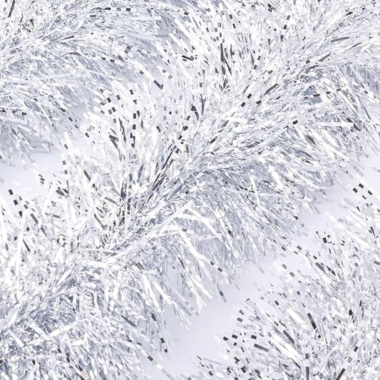 50Ft Christmas Tinsel Garland, Silver Snowflake Metallic Twist Garland for Xmas Tree Decorations, Tinsel for New Year Party Ceiling Hanging Decorations Indoor and Outdoor Decor