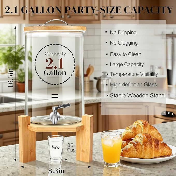 2.1 Gallon Drink Dispenser,Glass Beverage Dispenser With Wood Stand,Large Water Drink Dispensers for Parties with Anti-blocking Spigot,Christmas Party Drink Dispenser for Lemonade,Juice, Iced Tea