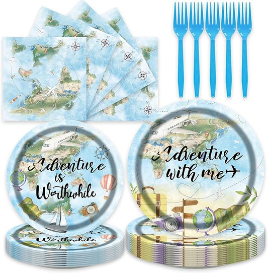 96Pcs Travel Themed Supplies Adventure Awaits Party Decorations Around the World Party Plates and Napkins Forks for 24 Guests - Disposable Tableware Travel for Baby Shower Birthday Decorations