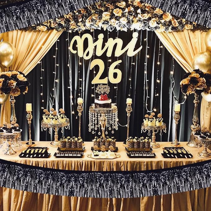 BEISHIDA 3 Packs Metallic Foil Fringe Garland Black Wall Hanging Tinsel Fringe Banners for Car Floats Halloween Bridal Shower Wedding Birthday Easter Graduation Holiday Party Decoration(30 Feet)