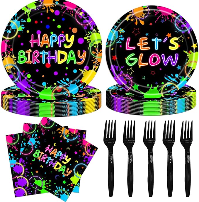 96Pcs Neon Birthday Party Decorations Party Supplies Plates and Napkins Forks for 24 Guests - Disposable Tableware Glow in the Dark Neon for Kids Baby Shower Birthday Decorations