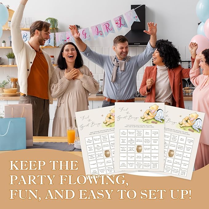 Pooh Bear Baby Shower Games, Find The Guest Bingo, Set of 30, Party Favors & Decorations