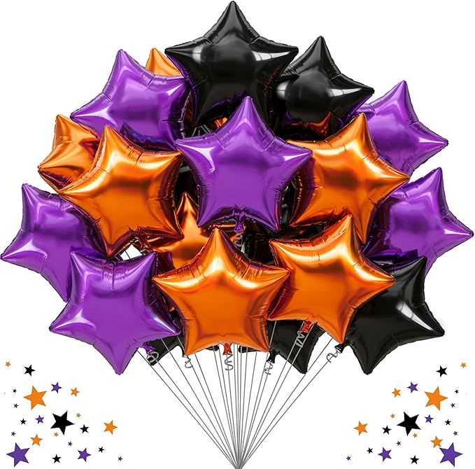 TONIFUL 30Pcs 18 Inch Large Orange Black Purple Star Shape Foil Balloons Big Stars Helium Mylar Ballons for Halloween Birthday Wedding Baby Shower Anniversary Engagement Party Decorations Supplies