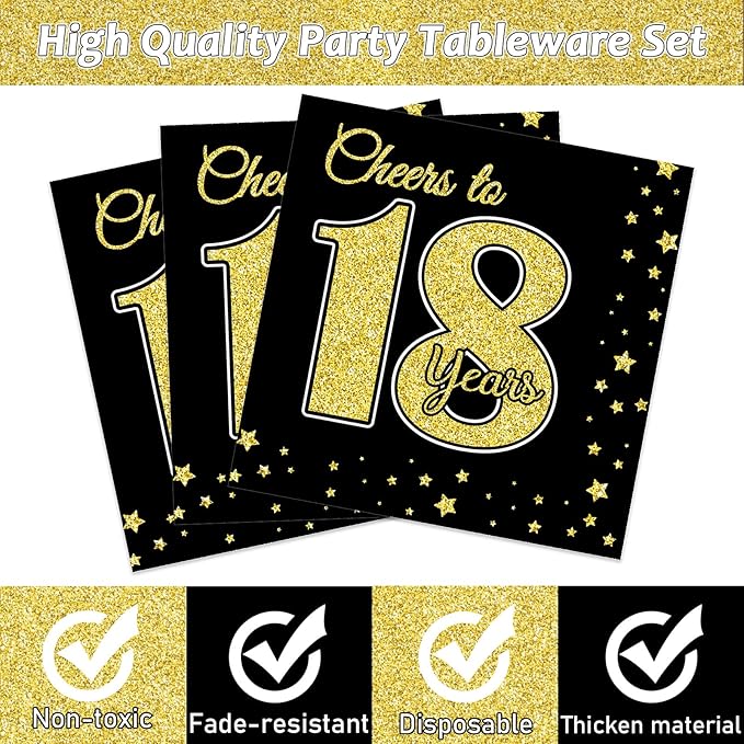 96 Pcs 18th Birthday Party Supplies for 24 Guests Cheers to 18 Years Tableware Table Decorations Black Gold 18th Birthday Plates Napkins Dinnerware for Boys Girls 18 Years Old Birthday Party Favor