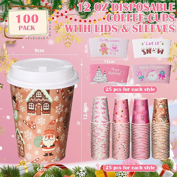 Yungyan 100 Pack 12 oz Christmas Disposable Coffee Cups with Lids and Sleeves Insulated Paper Coffee Cups with Dome Lids and Sleeves for Christmas Hot Chocolate Party Supplies(Cute Pink)