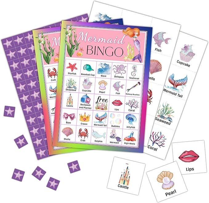 Mermaid Bingo Cards, Mermaid Bingo Games for 24 Players, Under The Sea Party Games for Family Friends Large Group Activities, Birthday Party Favors Supplies Decorations(27)