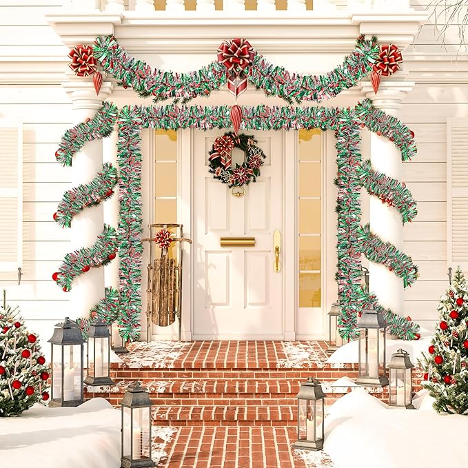 50Ft Christmas Tinsel Twist Garland, Metallic Twist Garland Tree Decorations for Christmas Tree New Year Party Birthday Holiday Supplies Indoor and Outdoor Decoration (Red Green Silver)