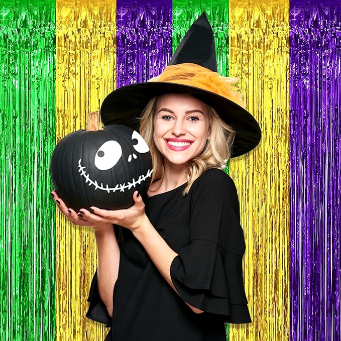 3 Pack Gold Green Purple Foil Fringe Curtain Backdrop, 3.28Ft x 8.2Ft Metallic Tinsel Foil Fringe Streamer Curtains for Photo Booth, Mother's Day, Easter, Birthday, Wedding Party Decorations