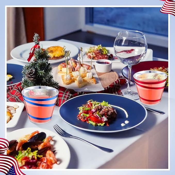 Gejoy 9 oz Rimmed Swirl Plastic Cups Disposable Wine Drinking Cups Clear Elegant Halloween Tumblers for Christmas Party Supplies(Red, Blue,100 Pcs)