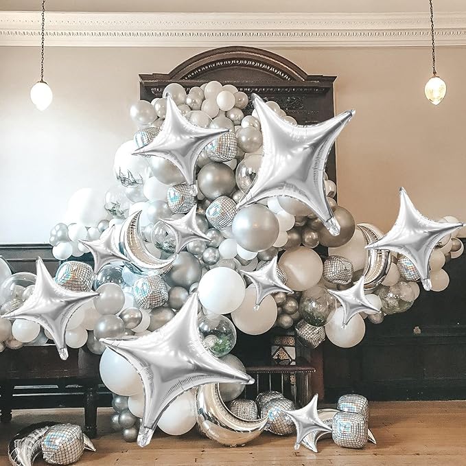 12PCS Silver Star Balloons, 24in 18in 10in Four Angle Star Shaped Balloon Silver Foil Balloons for Wedding Baby Shower Birthday New Year Party Decorations