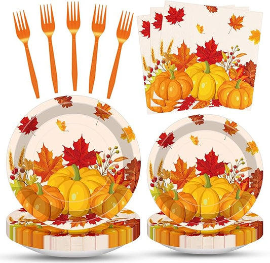 100 Pcs Fall Pumpkin Maple Tableware Party Supplies Set, Serves 25 – Disposable Autumn Harvest Paper Plates, Napkins, and Forks, Thanksgiving Day Dinnerware for Friendsgiving Gatherings Decorations