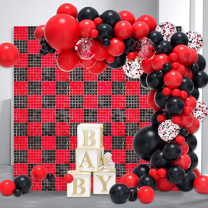 36 PCS Black Red Shimmer Wall Backdrop, Square Sequin Photo Backdrops Panel, Glitter Wall Background for Birthdays, Weddings, Halloween, Engagements, Disco Bachelorette Party Decoration (6FTx6FT)