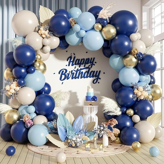 Navy Blue Balloon Arch Kit, Dusty Light Blue Gold Balloon Garland White Sand Cream Metallic Gold Balloons for Wedding Bridal Baby Shower Gender Reveal Graduation Birthday Party Decorations Supplies
