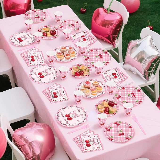 REDWORD Cherry Birthday Decorations, 120Pcs She's The Cherry On Top Party Plates Napkin Cups for Cherr y Theme Girl Birthday Baby Shower Party Decorations-Serves 24