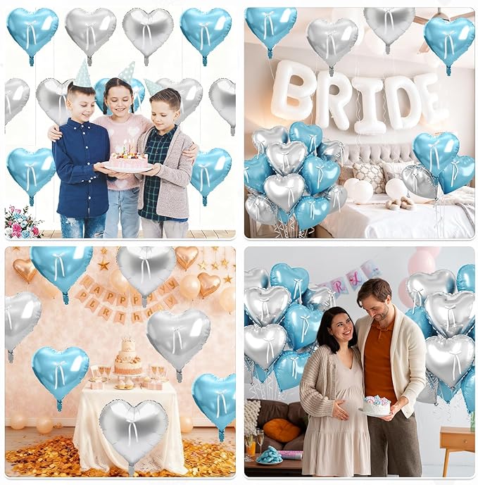 Blue and Silver Heart Balloon, 10 Pcs Light Blue Heart Shaped Balloon with White Bow Ribbon, 18 Inch Metallic Silver Foil Balloons for Boys Men Brithday Baby Shower Wedding Valentines Party Decoration