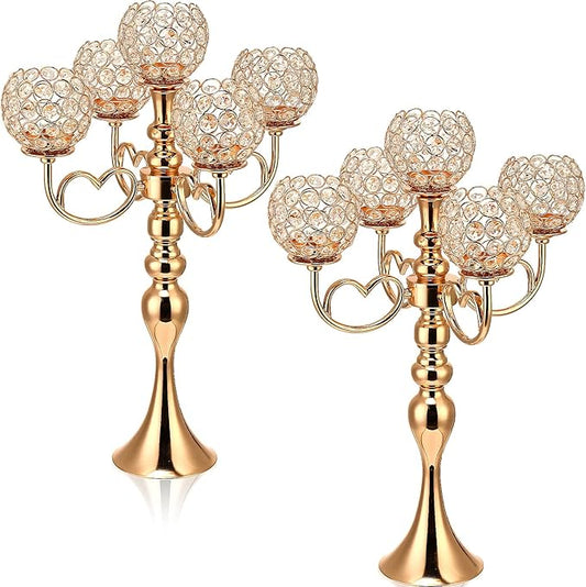 2 Pack 5 Arm Crystal Candelabra Centerpieces 21.5 Inch Tall Candle Holder Table Candelabra Stand with Crystal Candle Holder Bowl for Home Wedding Anniversary Dinner Party Table Decoration (Gold)