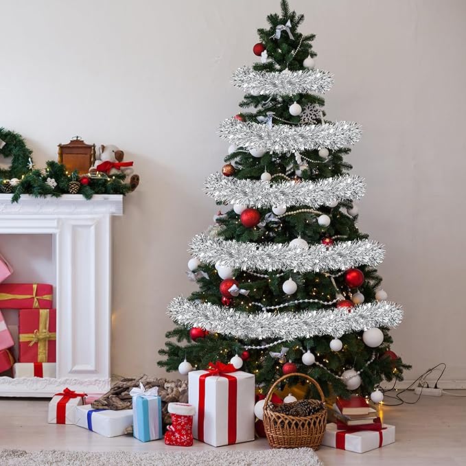 50 Feet Silver Christmas Tinsel Garland Metallic Twist Shiny Hanging Garland for Christmas Tree Decorations Xmas Holiday Decor for Home Indoor Outdoor Party Supplies (Silver)